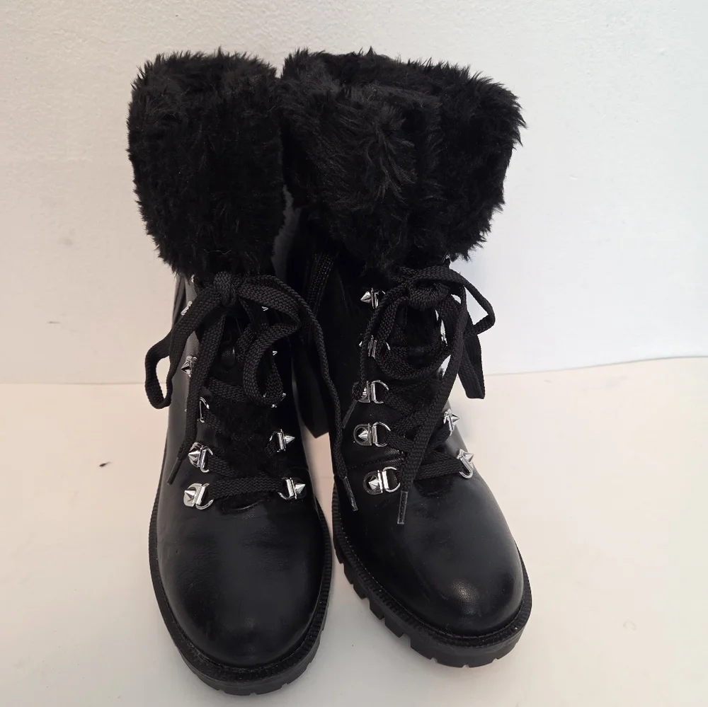 G By Guess Black Lace Up And Zip Stacked Heel Boots Studded Size 7.5 M